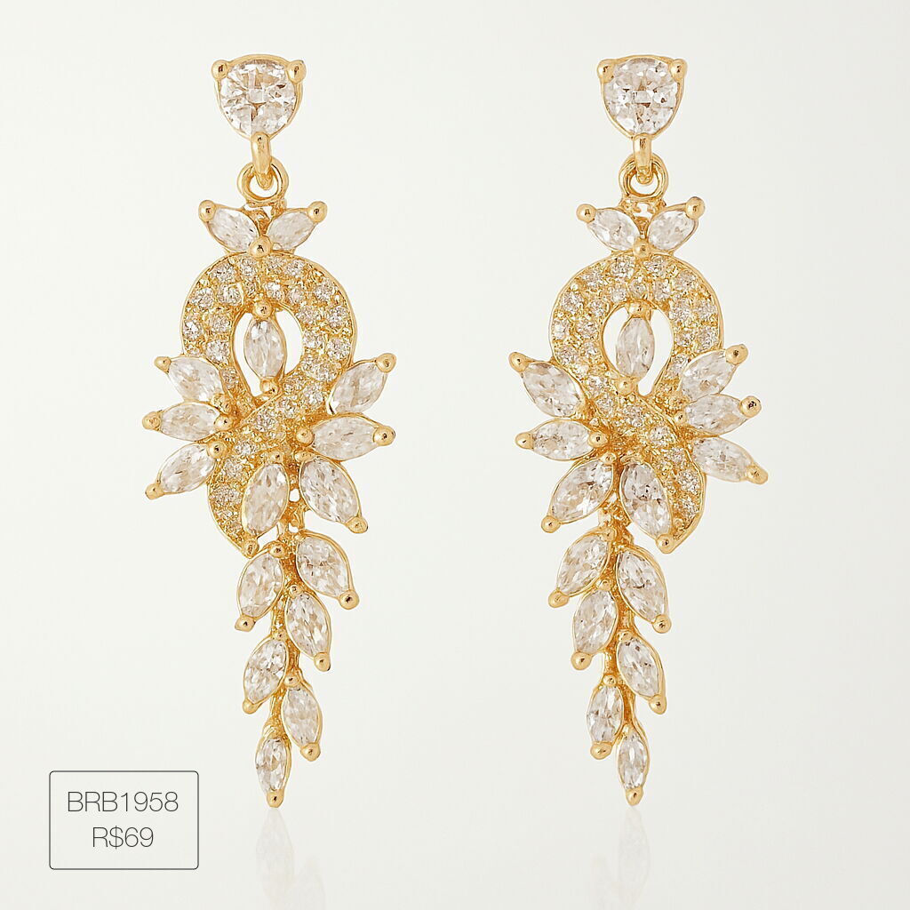 Brinco Festa Meio Coração Pendurado Navetes Cristal Dourado